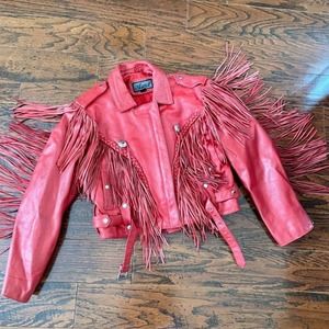 Vintage Red Leather Fringed Motorcycle or Rodeo Jacket with Conchos Size XXL